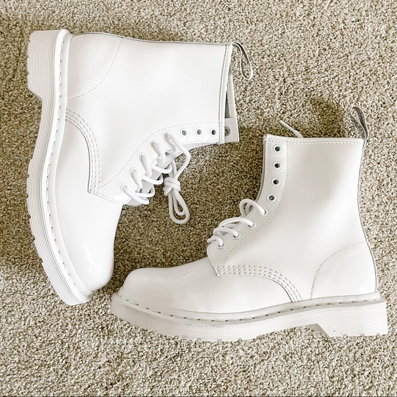 Dr. Martens Shoes - DR MARTENS 1460 White Mono Patent Leather Lace-Up Combat Boots